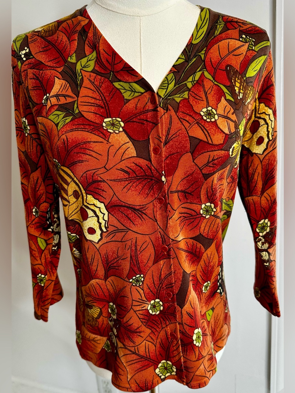 Vintage August Silk Butterfly Floral Cardigan Silk Blend Size M